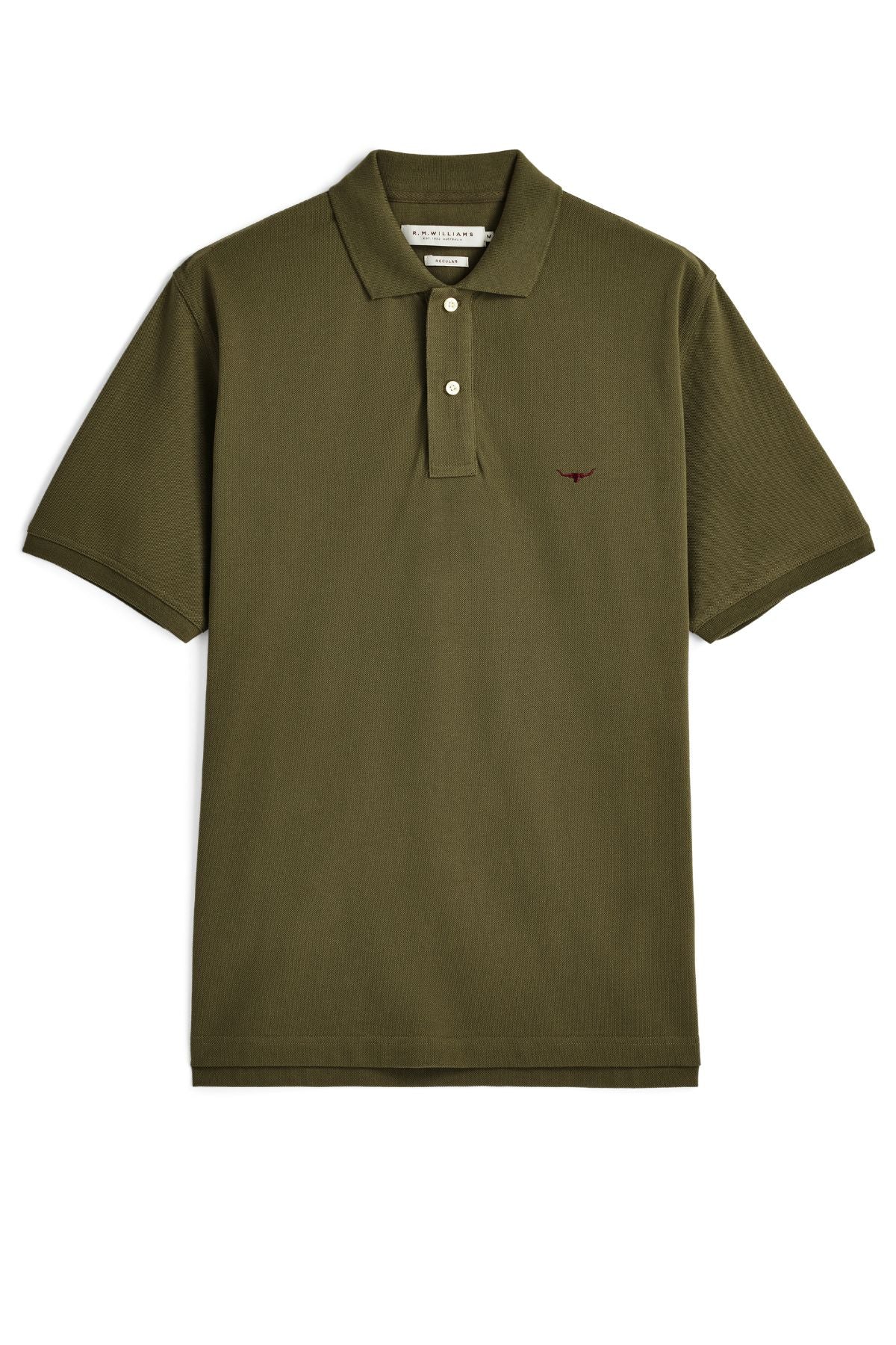Here’s a rewritten version using the given product data: The RM Williams Rod Polo in olive green features short sleeves, a ribbed collar, a three-button placket, and is detailed with a small Longhorn embroidery on the left chest. The shirt is displayed laid flat on a white background.