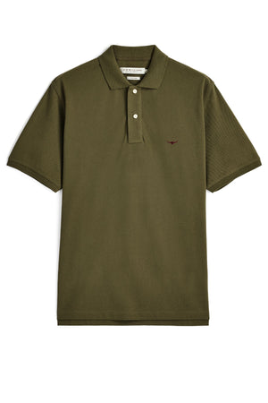 Here’s a rewritten version using the given product data: The RM Williams Rod Polo in olive green features short sleeves, a ribbed collar, a three-button placket, and is detailed with a small Longhorn embroidery on the left chest. The shirt is displayed laid flat on a white background.