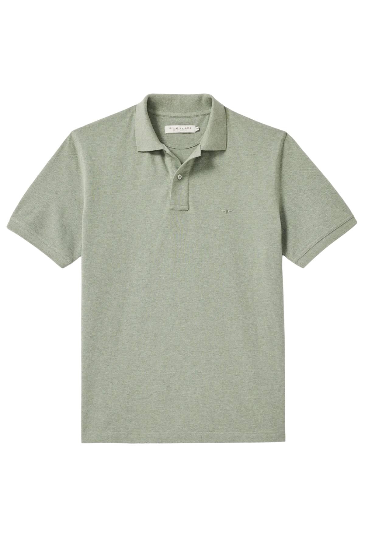 The RM Williams Rod Polo is a light sage green, short-sleeve polo shirt with a collar and two buttons, made from organic cotton and shown laid flat on a white background.