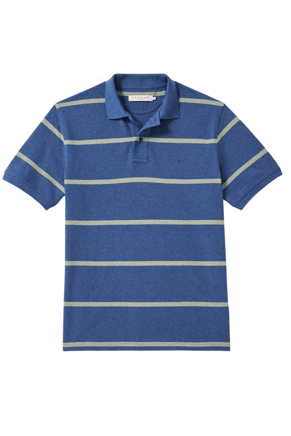 The RM Williams Rod Polo is a short-sleeve blue organic cotton shirt with light green horizontal stripes, a collar, and subtle Longhorn embroidery, shown on a white background.