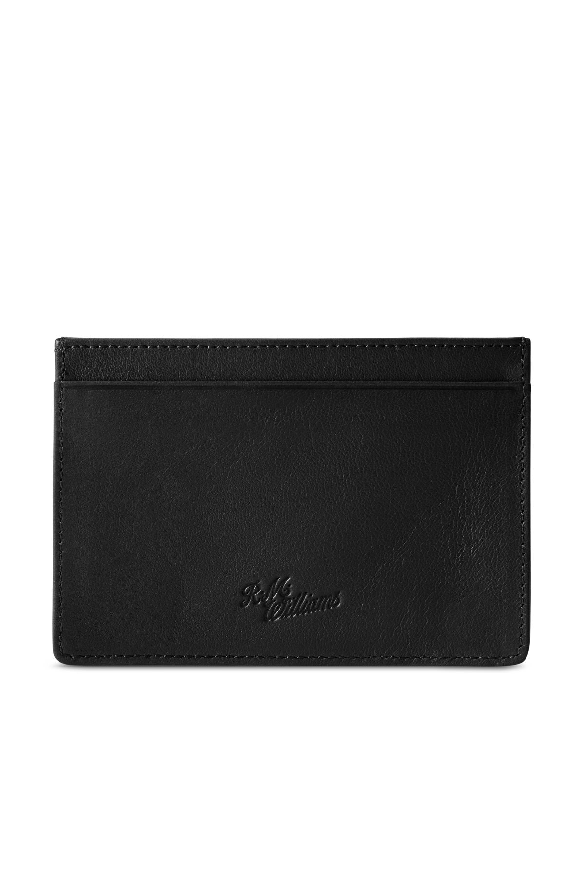 The RM Williams Singleton Vertical Card Holder is crafted from natural milled black leather with subtle edge stitching, features an embossed "R.M. Williams" logo on the front, and includes RFID protection for extra security.