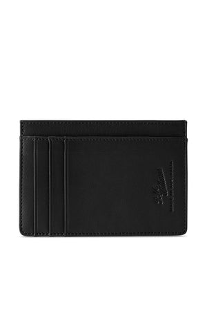 The RM Williams Singleton Vertical Card Holder is a black, handcrafted, natural milled leather piece with multiple card slots on one side. Made in Australia, it boasts an embossed brand name and features RFID protection for a sleek and elegant minimalist design.