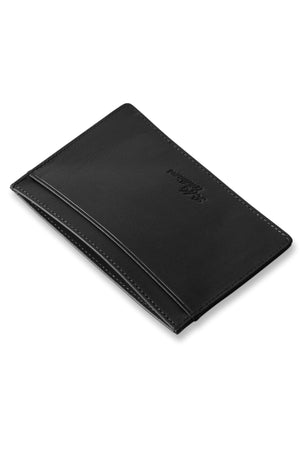 The RM Williams Singleton Vertical Card Holder is a black, handmade leather holder with multiple slots and a minimalist design. It features natural milled leather with a subtle embossed logo, made in Australia, and shown on a plain white background.