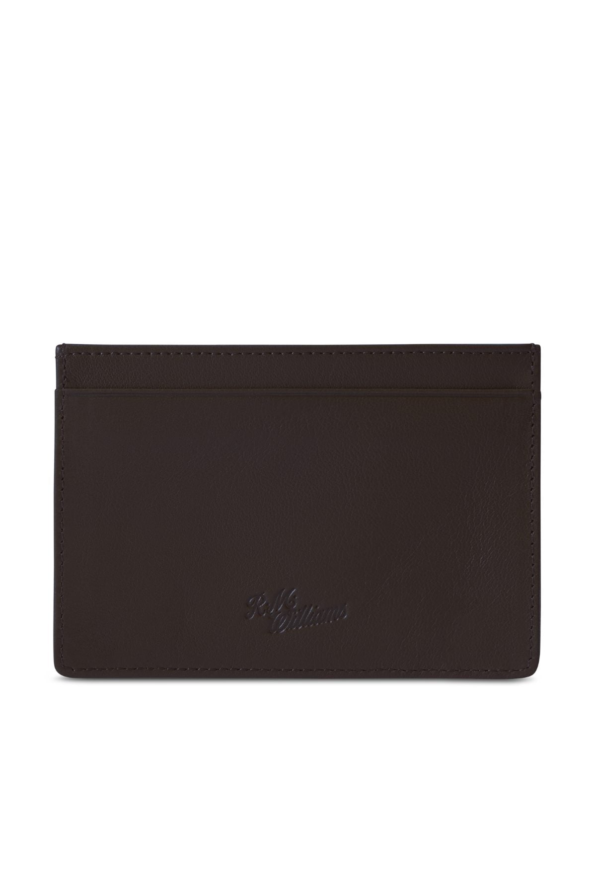The RM Williams Singleton Vertical Card Holder is a sleek, dark brown, handmade leather accessory from Australia. It features subtle embossed branding near the bottom center, crafted from natural leather and includes RFID protection for enhanced security.