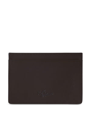 The RM Williams Singleton Vertical Card Holder is a sleek, dark brown, handmade leather accessory from Australia. It features subtle embossed branding near the bottom center, crafted from natural leather and includes RFID protection for enhanced security.