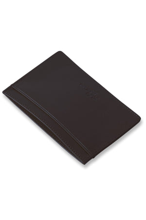 The RM Williams Singleton Vertical Card Holder, in dark brown natural leather with a smooth finish, is expertly handmade in Australia. It features minimalistic edge stitching and a center embossed logo, elegantly displayed against a plain white background.