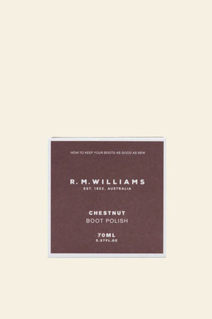 A square container of RM Williams Stockmans Boot Polish, 70ml, with a brown label and white text on a beige background—perfect for keeping your leather boots in top condition.