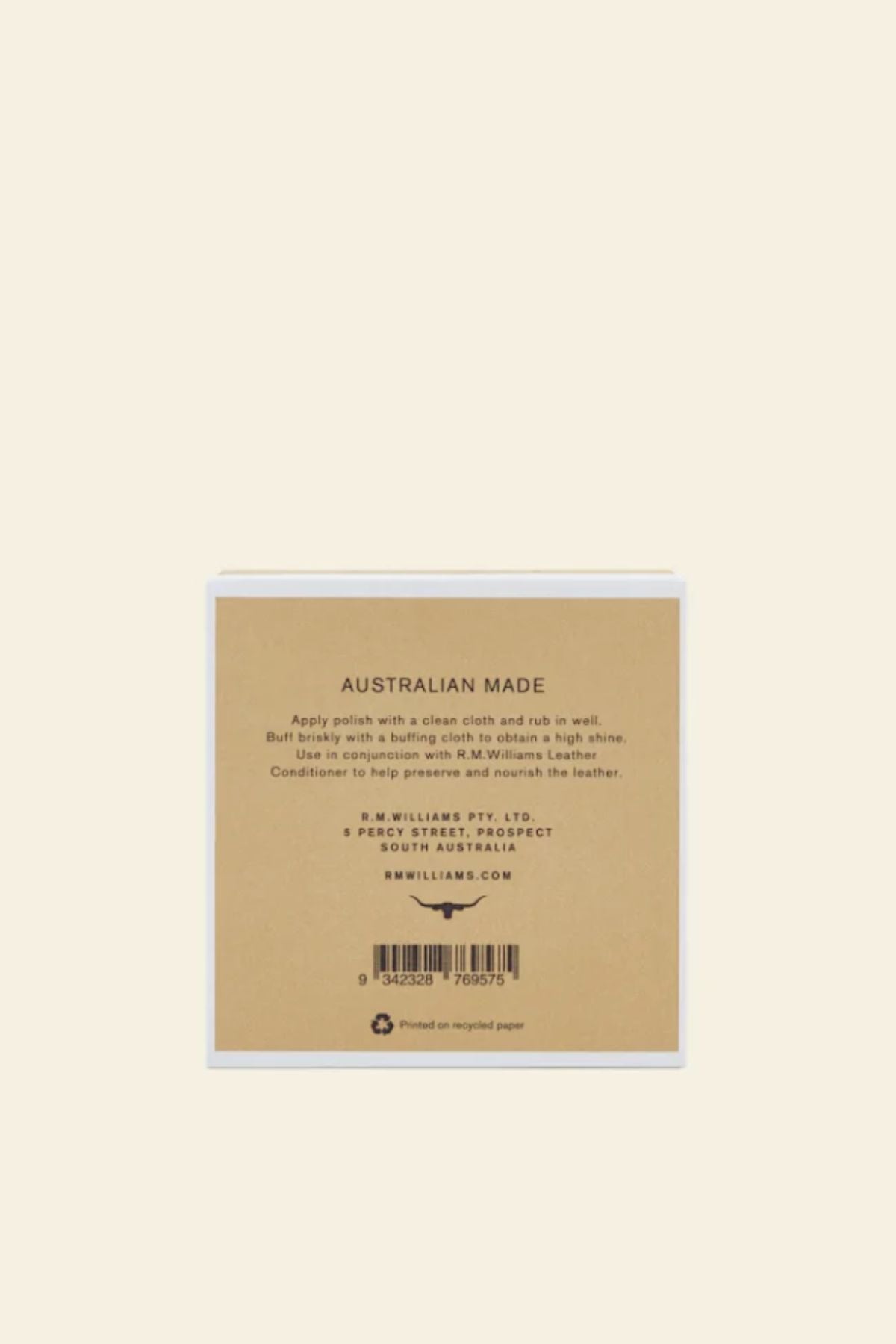A square box for RM Williams Stockmans Boot Polish features a brown "AUSTRALIAN MADE" label, leather polish instructions, company info, a recycling symbol, and a bottom barcode.