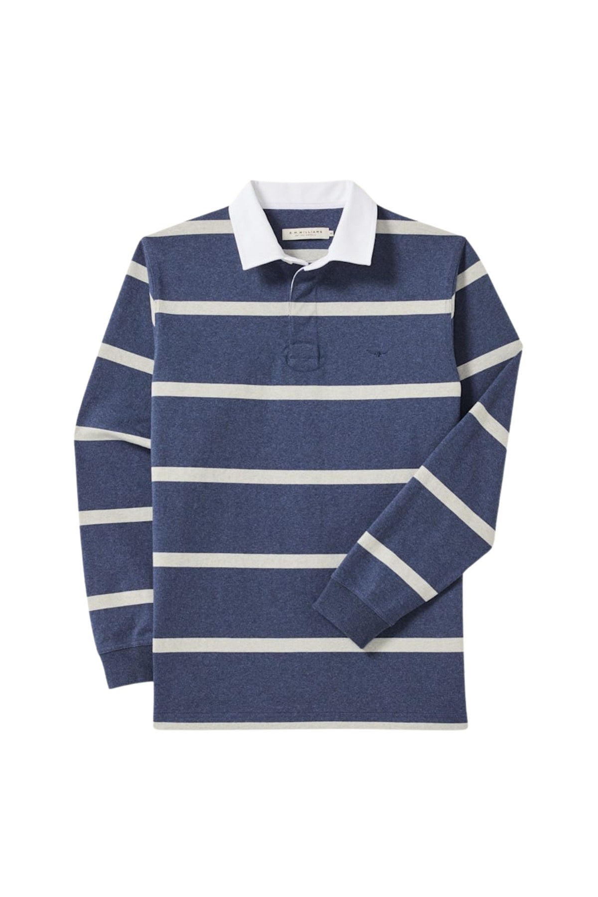 The RM Williams Tweedale Rugby is a blue heavyweight cotton long-sleeve shirt with wide white stripes, a white collar, and subtle Longhorn embroidery, shown laid flat on a white background.