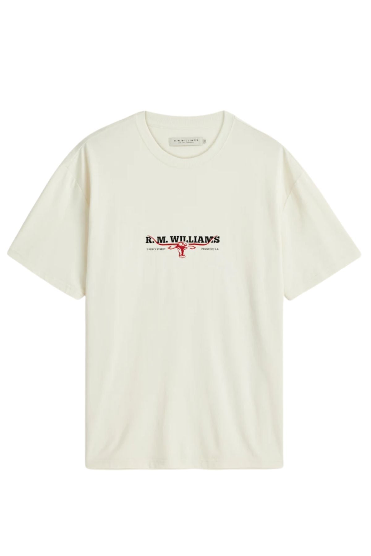 The RM Williams Holt Tee is a plain white short-sleeve t-shirt featuring “R.M. Williams” and a red logo printed on the chest.