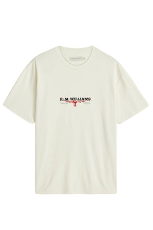 The RM Williams Holt Tee is a plain white short-sleeve t-shirt featuring “R.M. Williams” and a red logo printed on the chest.