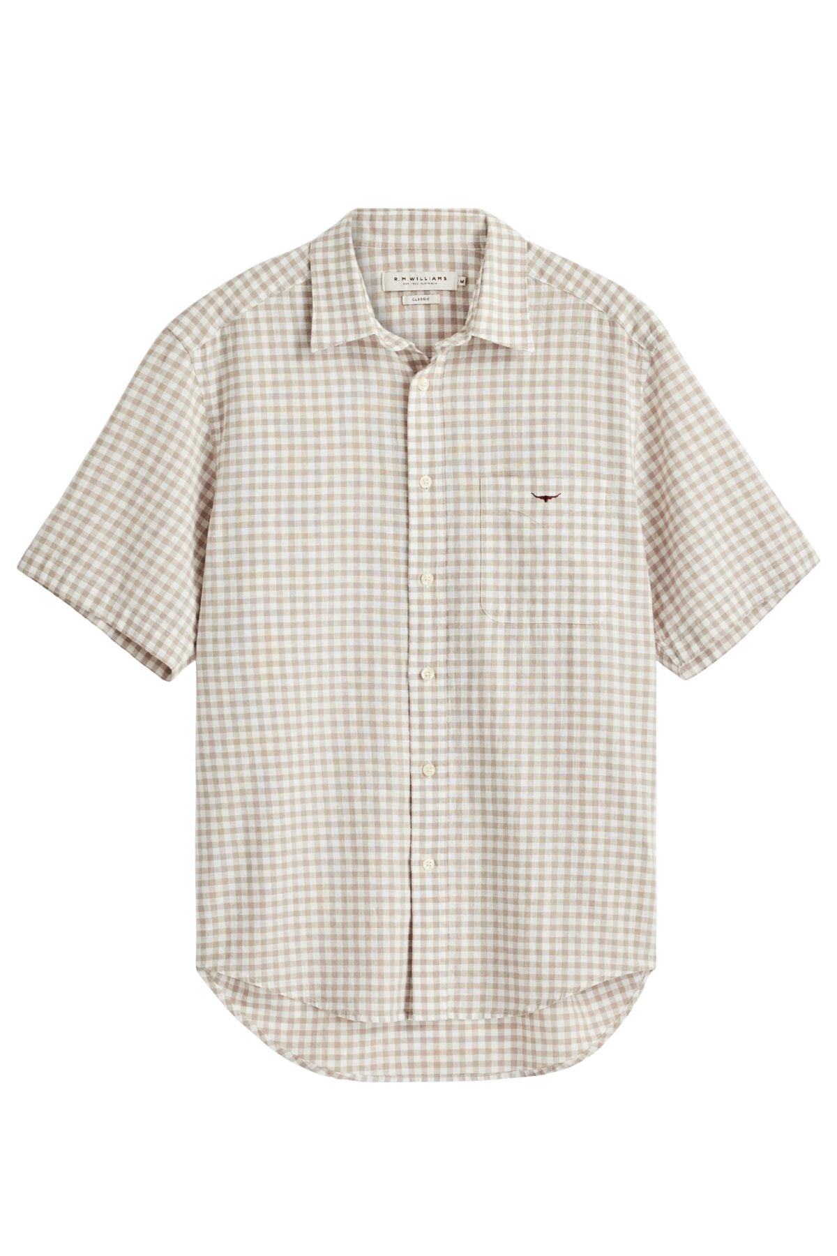 The RM Williams Johnson Check Short Sleeve Shirt features a beige and white gingham check pattern, a button-up front, short sleeves, a left chest pocket, and a slightly curved hem.