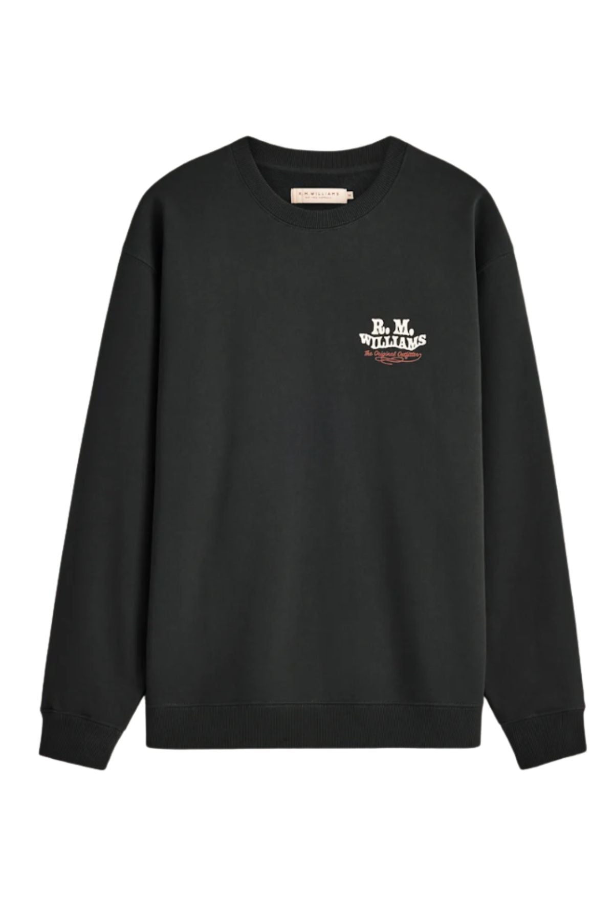 RM Williams Kandos Crew is a black crewneck sweatshirt with long sleeves, featuring a small “R.M. Williams USA” logo in white and red printed on the upper left chest. This sweatshirt boasts a simple and casual design.