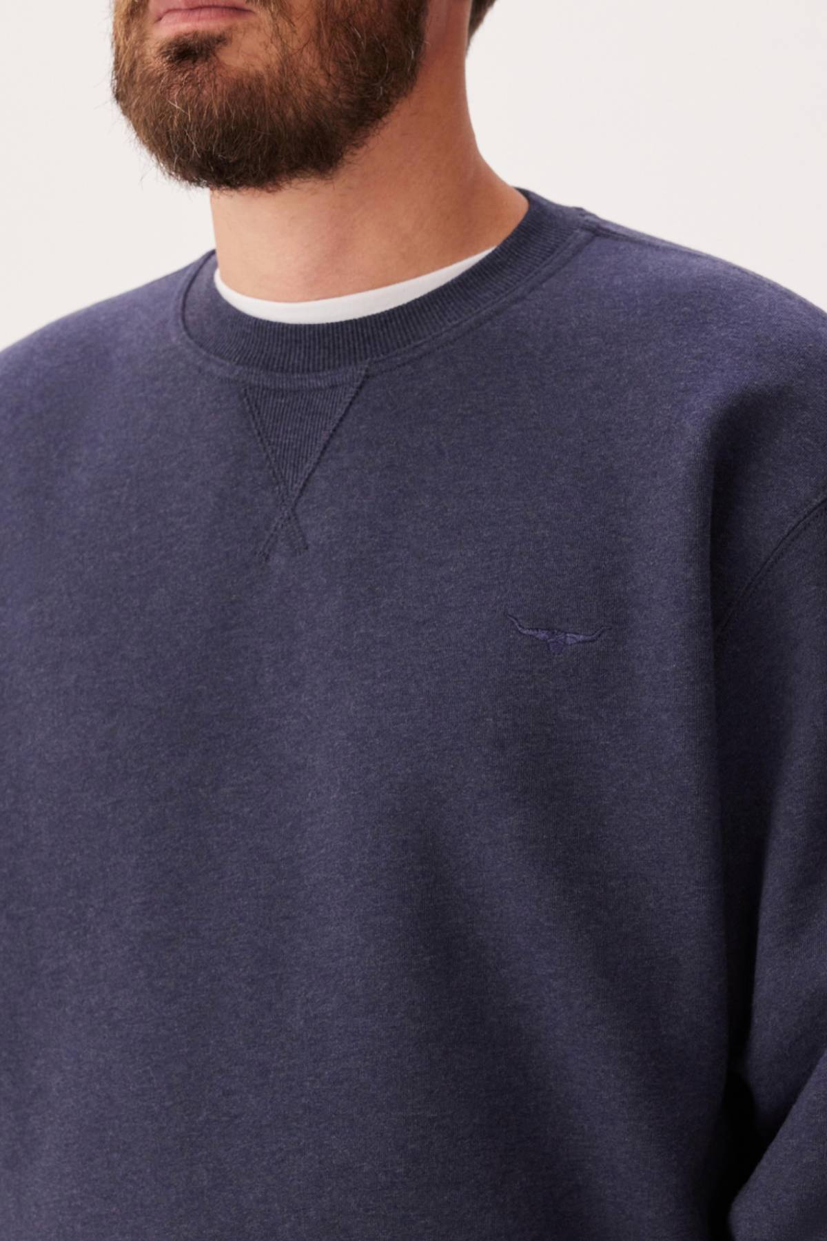 A bearded man wears the RM Williams Mini Longhorn Sweatshirt, a dark blue ribbed crew neck made from an organic cotton blend with subtle Longhorn embroidery on the chest over a white T-shirt. Only his lower face and upper torso are visible.