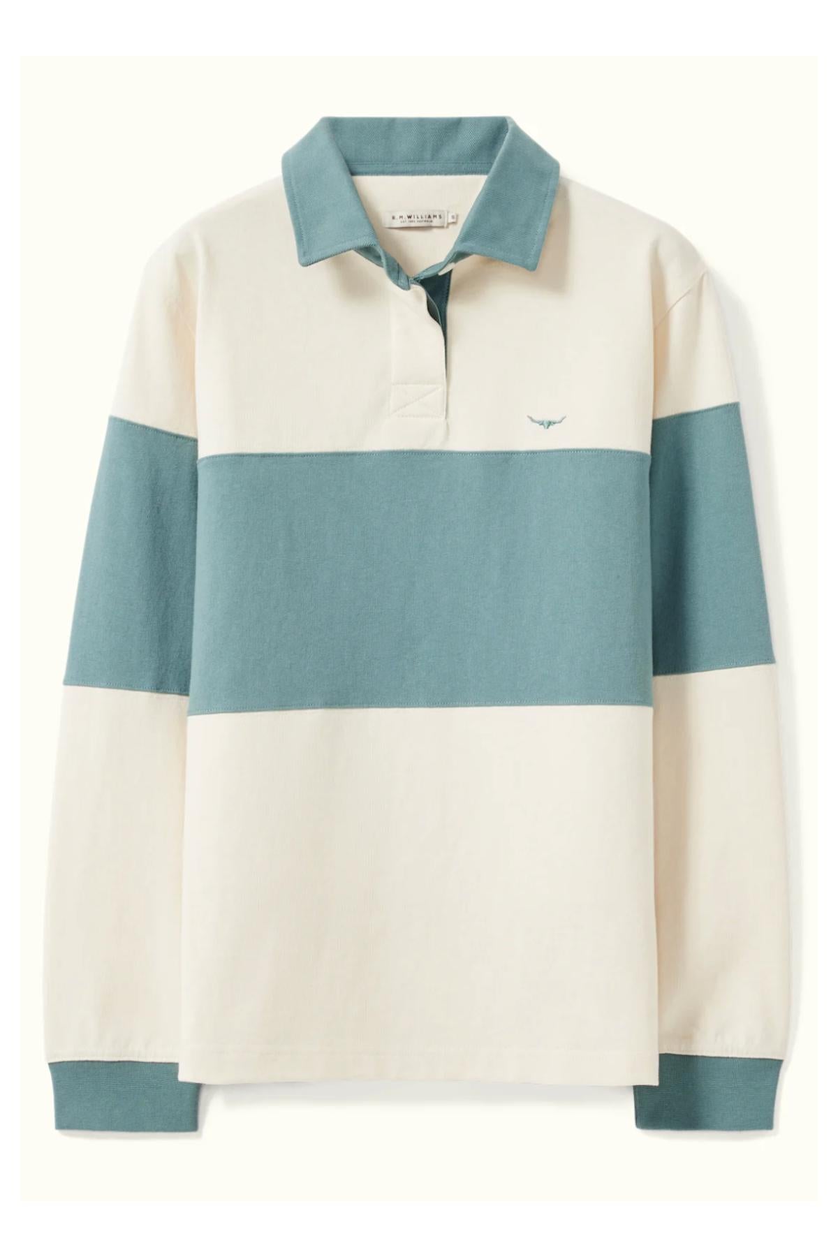 The RM Williams Narran Panel Stripe Rugby is a long-sleeve shirt made from heavyweight organic cotton with wide cream and muted teal stripes, a cream collar and button placket, plus a subtle embroidered logo on the left chest.