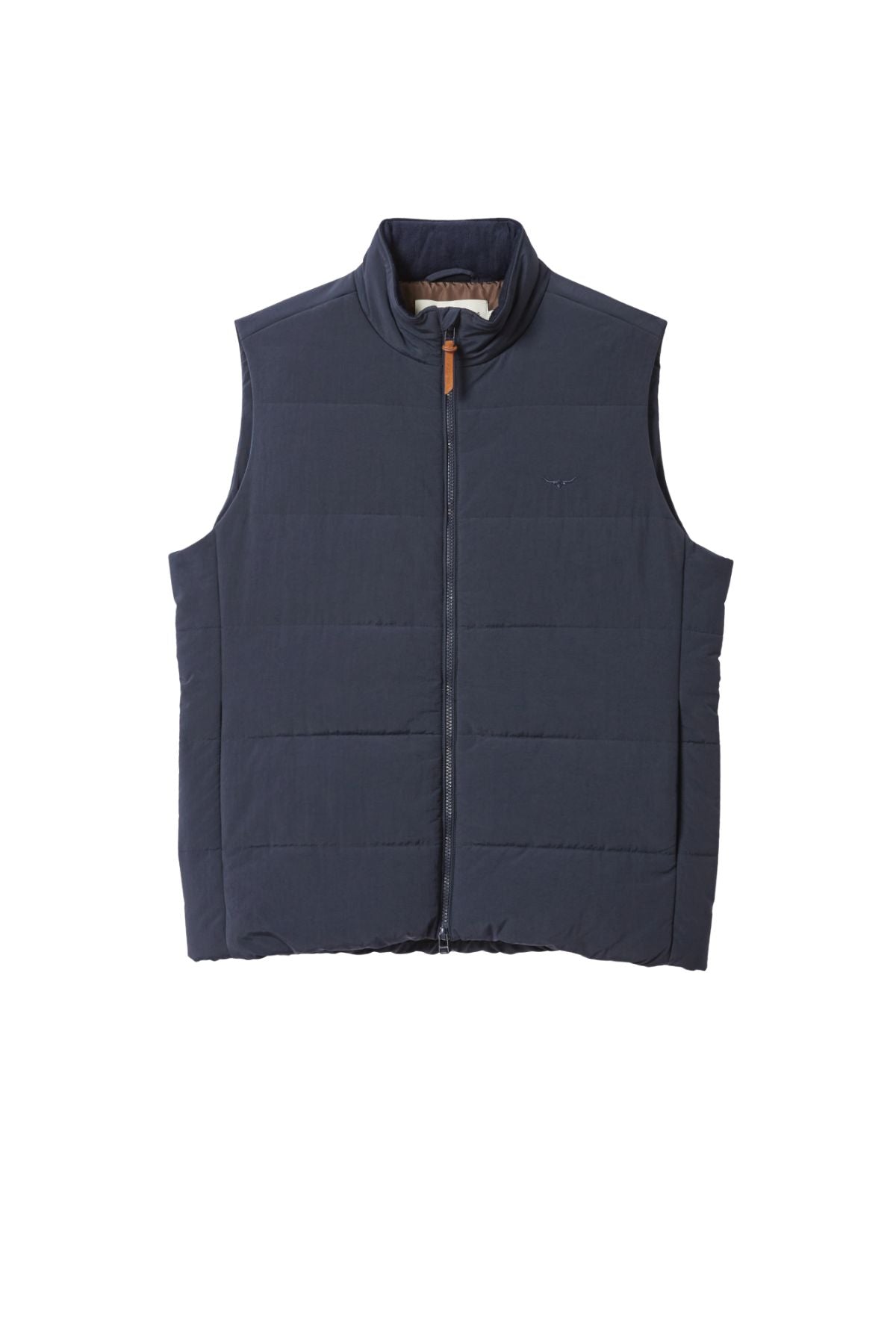 The RM Williams Padstow Vest is a navy blue, sleeveless puffer vest made from recycled nylon and PrimaLoft filling, with a front zipper, standing collar, and minimal detailing, shown on a white background.