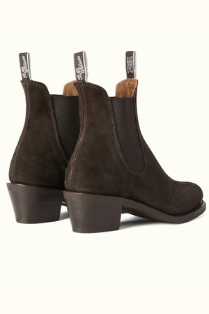 A pair of RM Williams Rosebery Boots in dark brown suede leather with low tapered block heels, elastic side panels, and back pull tabs shown on a light background—a classic Chelsea boot style.