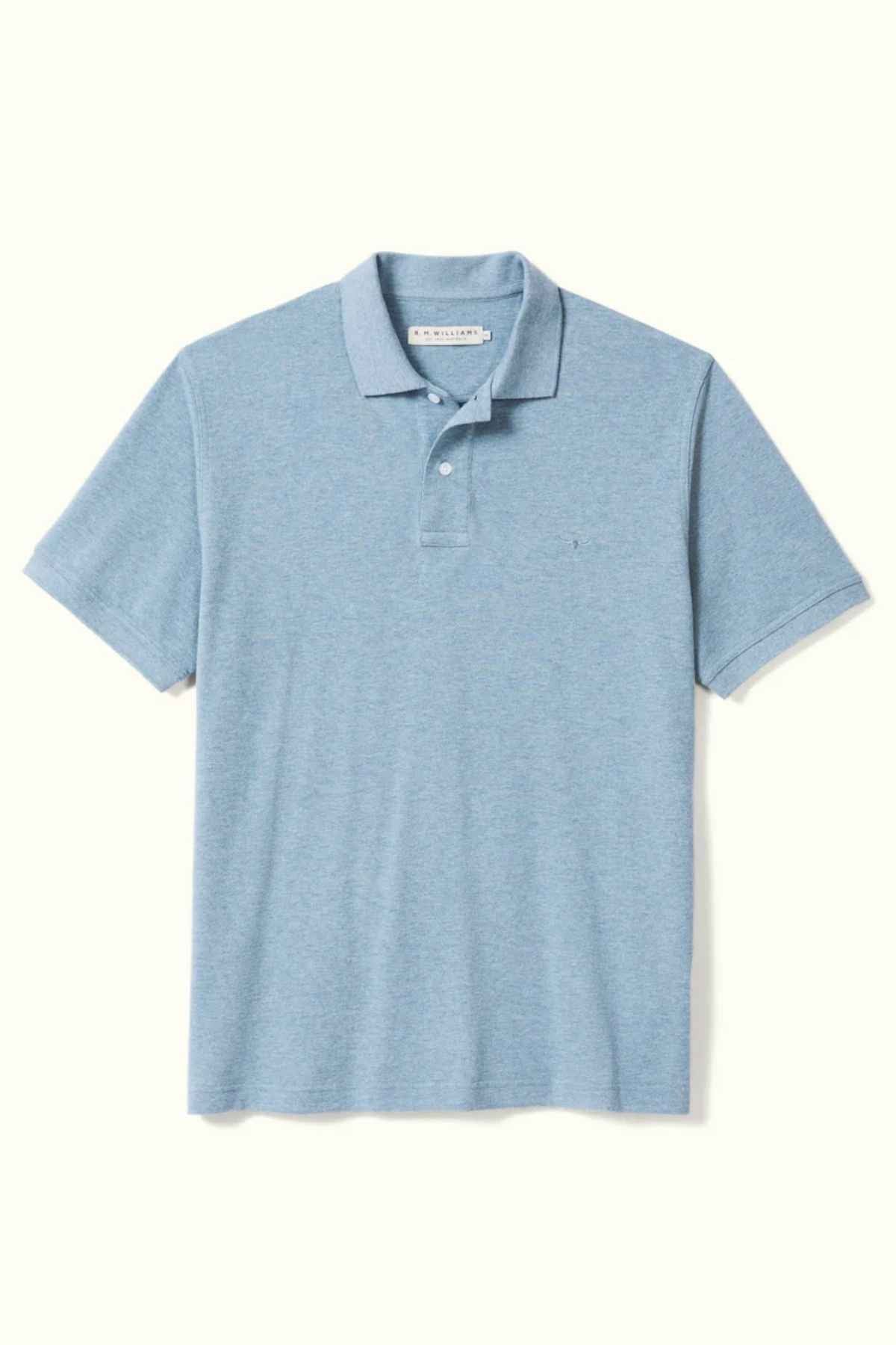 RM Williams Rod Polo in the colour Blue. Front angle of polo.