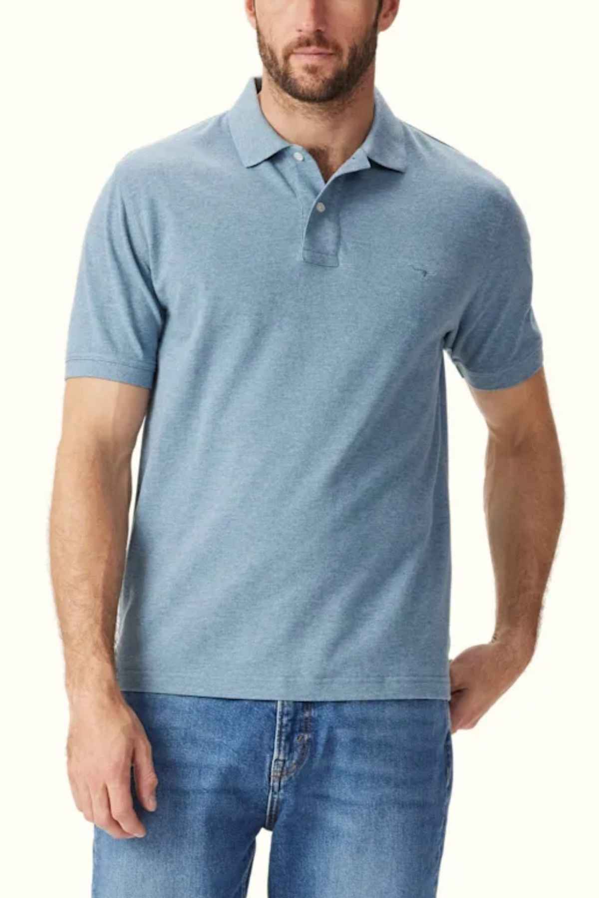 RM Williams Rod Polo in the colour Blue. Front angle of model wearing polo.