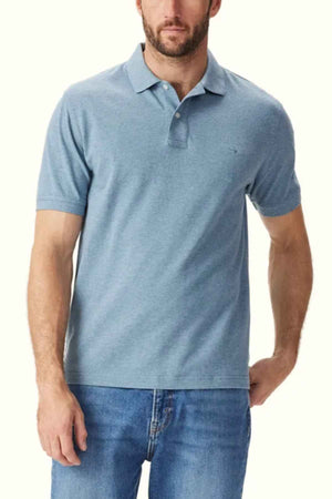 RM Williams Rod Polo in the colour Blue. Front angle of model wearing polo.