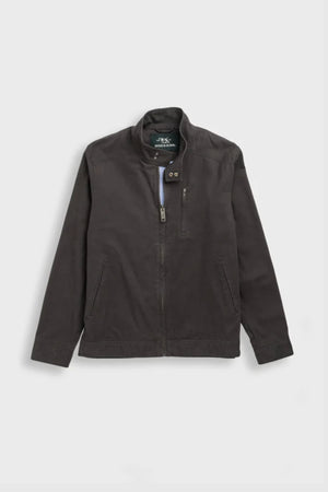 The Rodd & Gunn Armitage Jacket, in dark gray with long sleeves, a stand collar, YKK front zipper, and zippered chest pocket, is displayed on a light gray background.