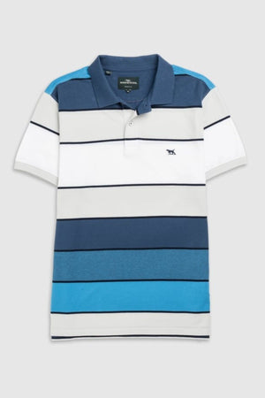 The Rodd & Gunn McLeod Bay Sports Fit Polo boasts classic charm with blue, white, and gray horizontal stripes. Made from pique textured cotton, it has a collar, short sleeves, and a small embroidered logo on the left chest. It is elegantly set against a gray background.