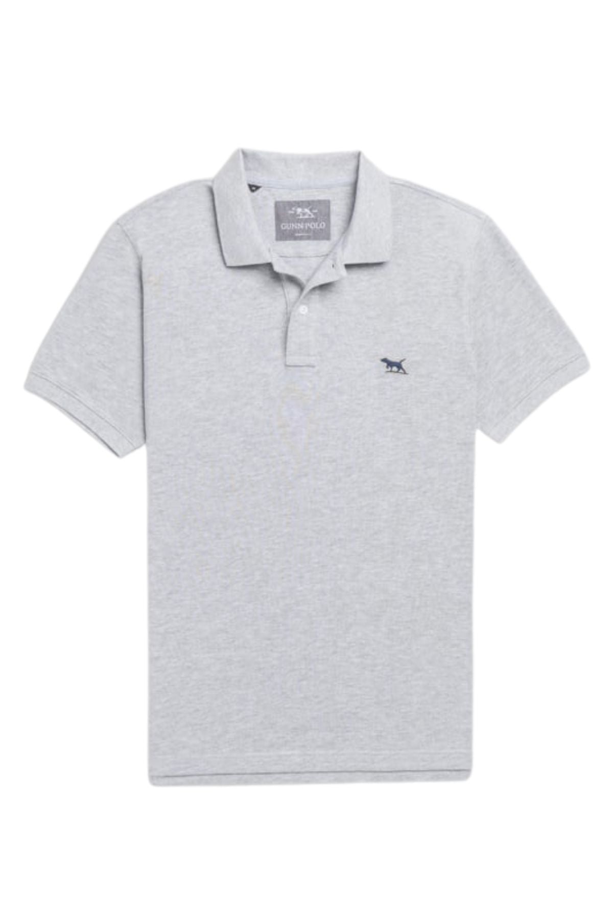 The Rodd & Gunn The Gunn Polo is a light grey, short-sleeve shirt featuring a collar, two-button placket, and small embroidered animal logo on the left chest. Made from soft Australian cotton for a comfortable modern fit.