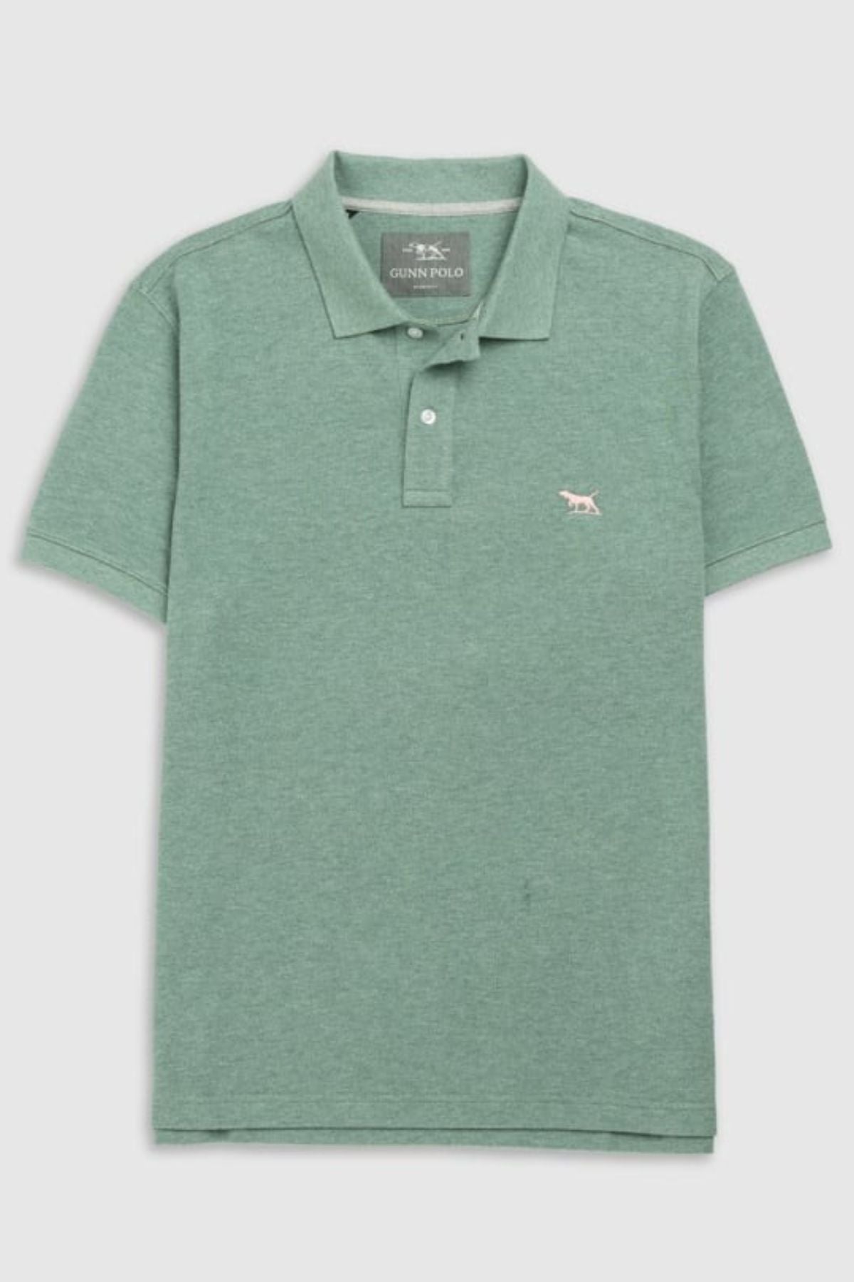 The Rodd & Gunn The Gunn Polo is a green shirt made from Australian cotton, featuring a white embroidered animal logo on the left chest. It has a collared neckline, short sleeves, and a button-up placket for a modern fit.
