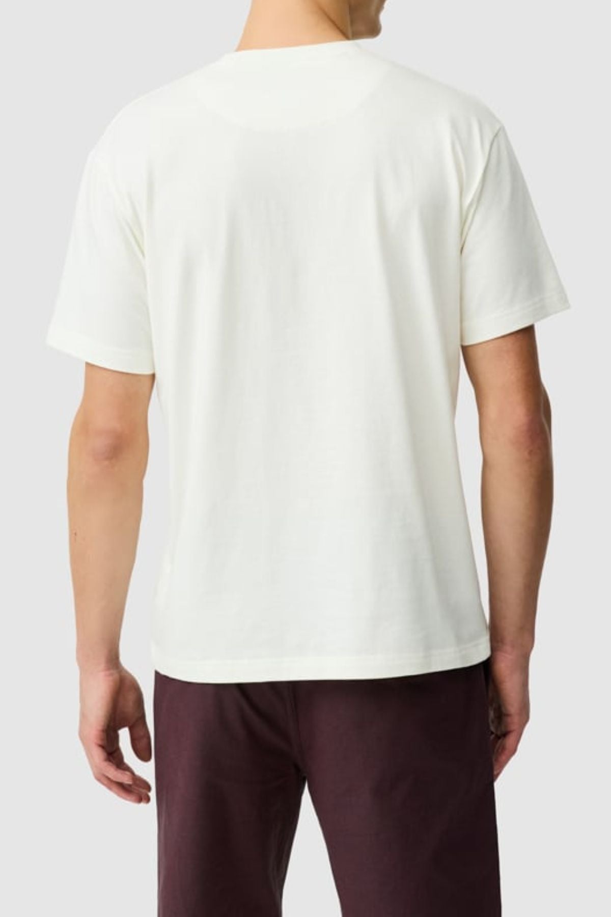 A person is seen from the back wearing the Rodd & Gunn The Peaks Logo Tee and dark pants, standing against a light gray background.