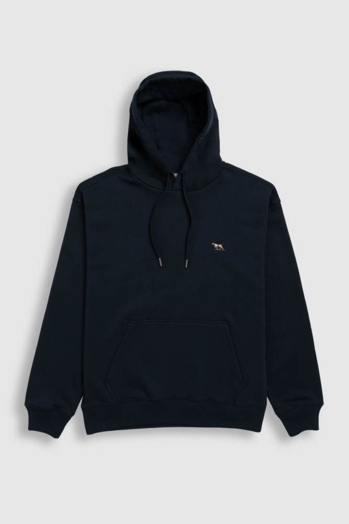A Rodd & Gunn Otago Hoodie in plain black, crafted from soft Australian cotton with a brushed back fleece interior for added warmth and comfort. This hoodie features a front pocket and drawstrings, and is displayed flat on a light gray background.