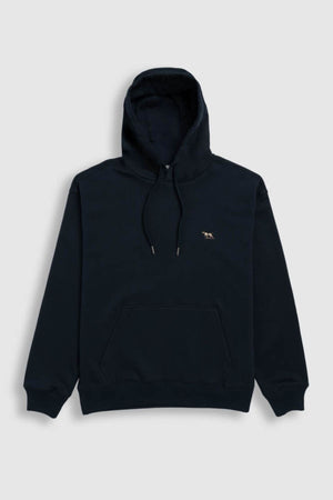 A Rodd & Gunn Otago Hoodie in plain black, crafted from soft Australian cotton with a brushed back fleece interior for added warmth and comfort. This hoodie features a front pocket and drawstrings, and is displayed flat on a light gray background.