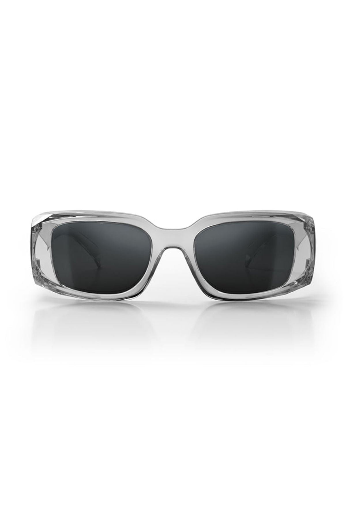 Front view of SafeStyle Auras sunglasses featuring thick graphite square frames and grey polarised lenses for enhanced eye protection, displayed against a white background.