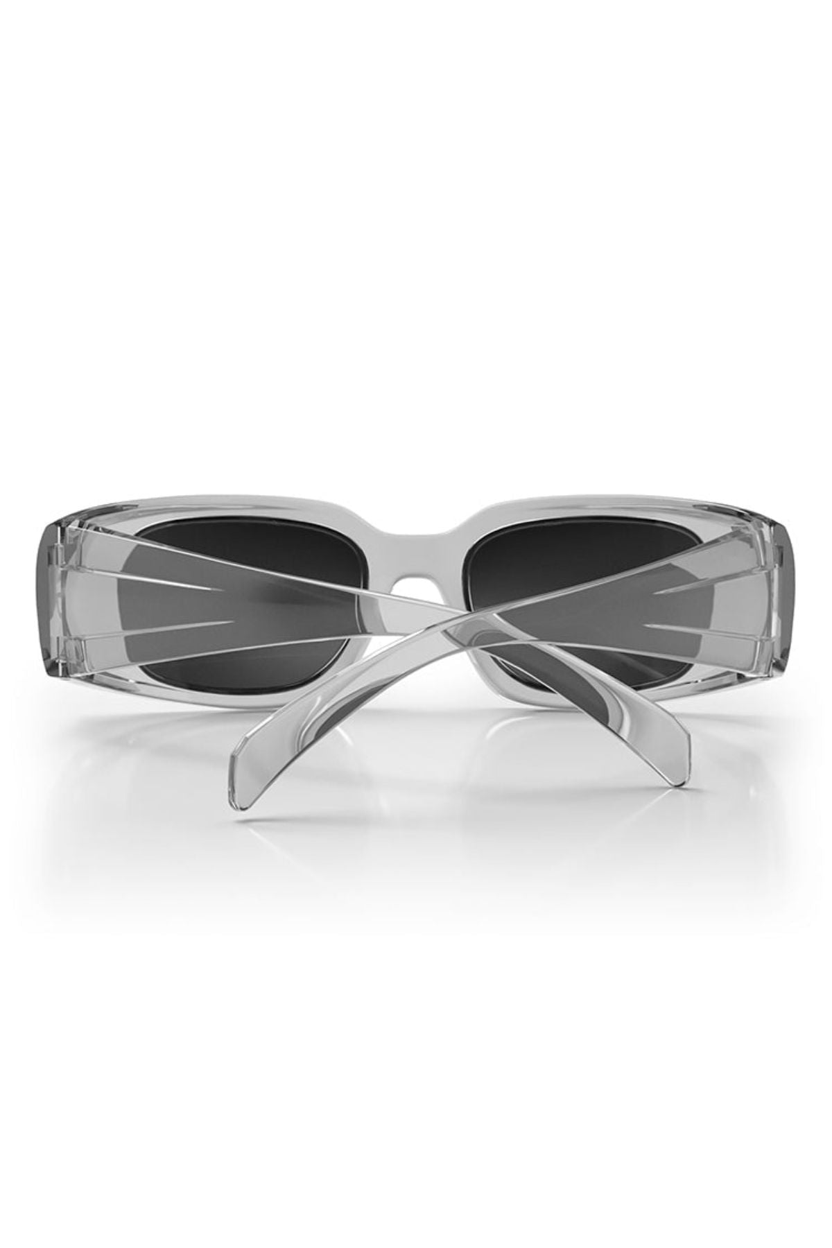 The SafeStyle Auras sunglasses feature a graphite rectangular frame and grey polarised lenses for enhanced eye protection, shown from behind with crossed arms on a white background.