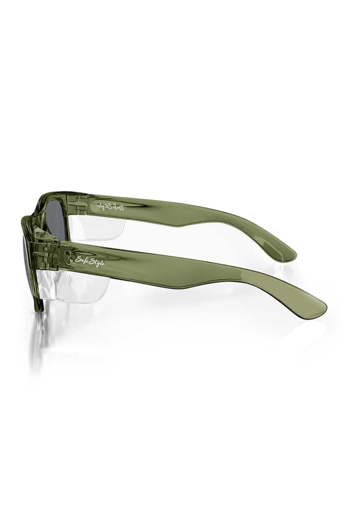 SafeStyle Classics Green Frame Polarised Lens sunglasses with thick, translucent olive frames and lightly tinted UV-protected lenses are shown side-on against a white background. The SafeStyle branding appears on the temple.