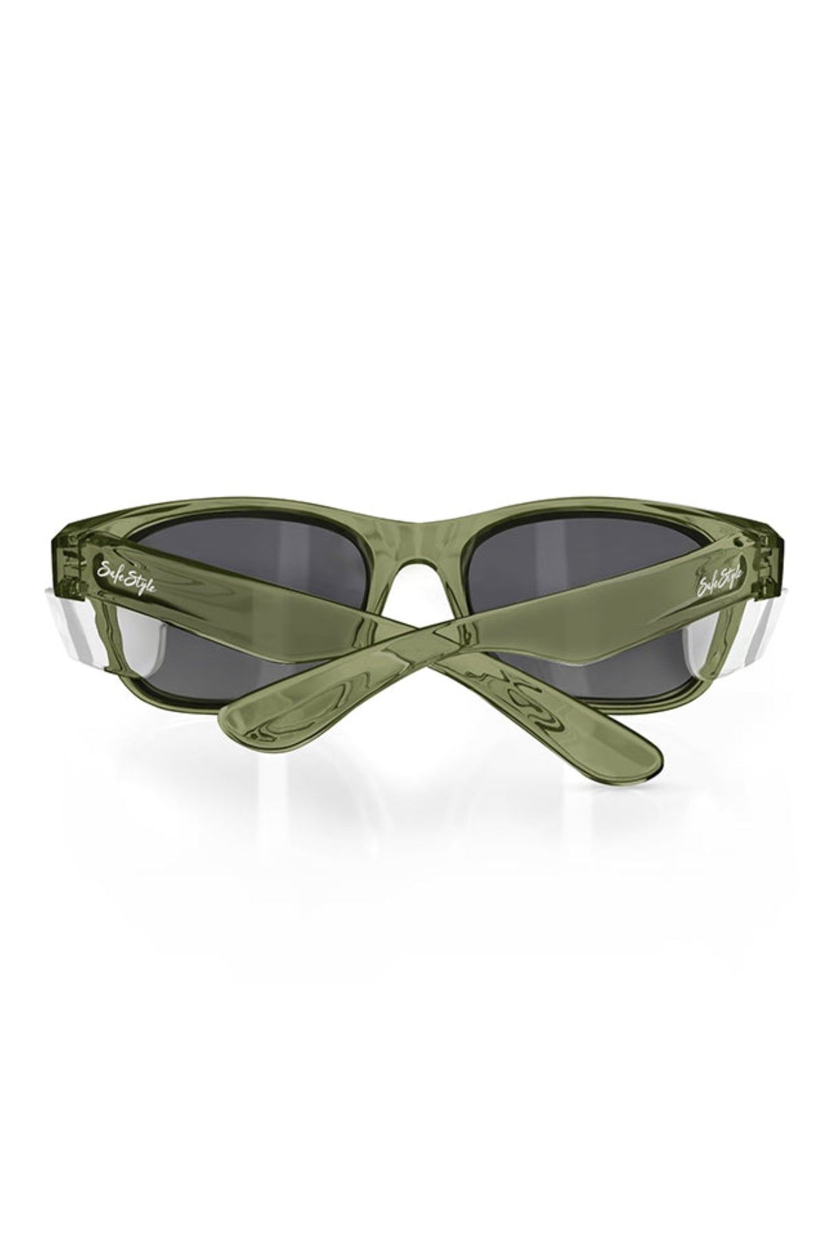 The SafeStyle Classics Green Frame Polarised Lens sunglasses are displayed facing backward with wide, translucent polycarbonate arms crossed. The white "SoFetch" logo appears on both arms.