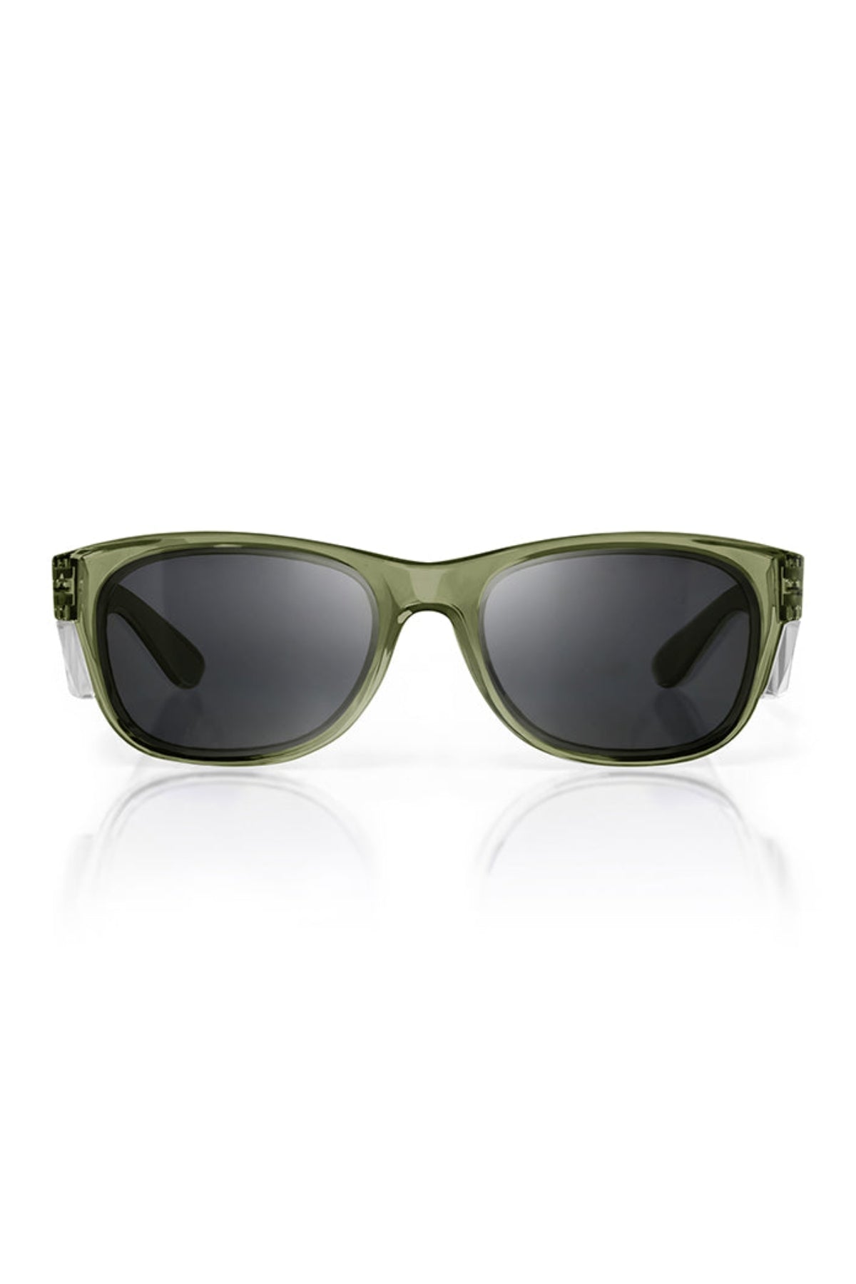 The SafeStyle Classics Green Frame Polarised Lens sunglasses feature green rectangular polycarbonate frames and dark polarised lenses for superior UV protection, shown on a white background.