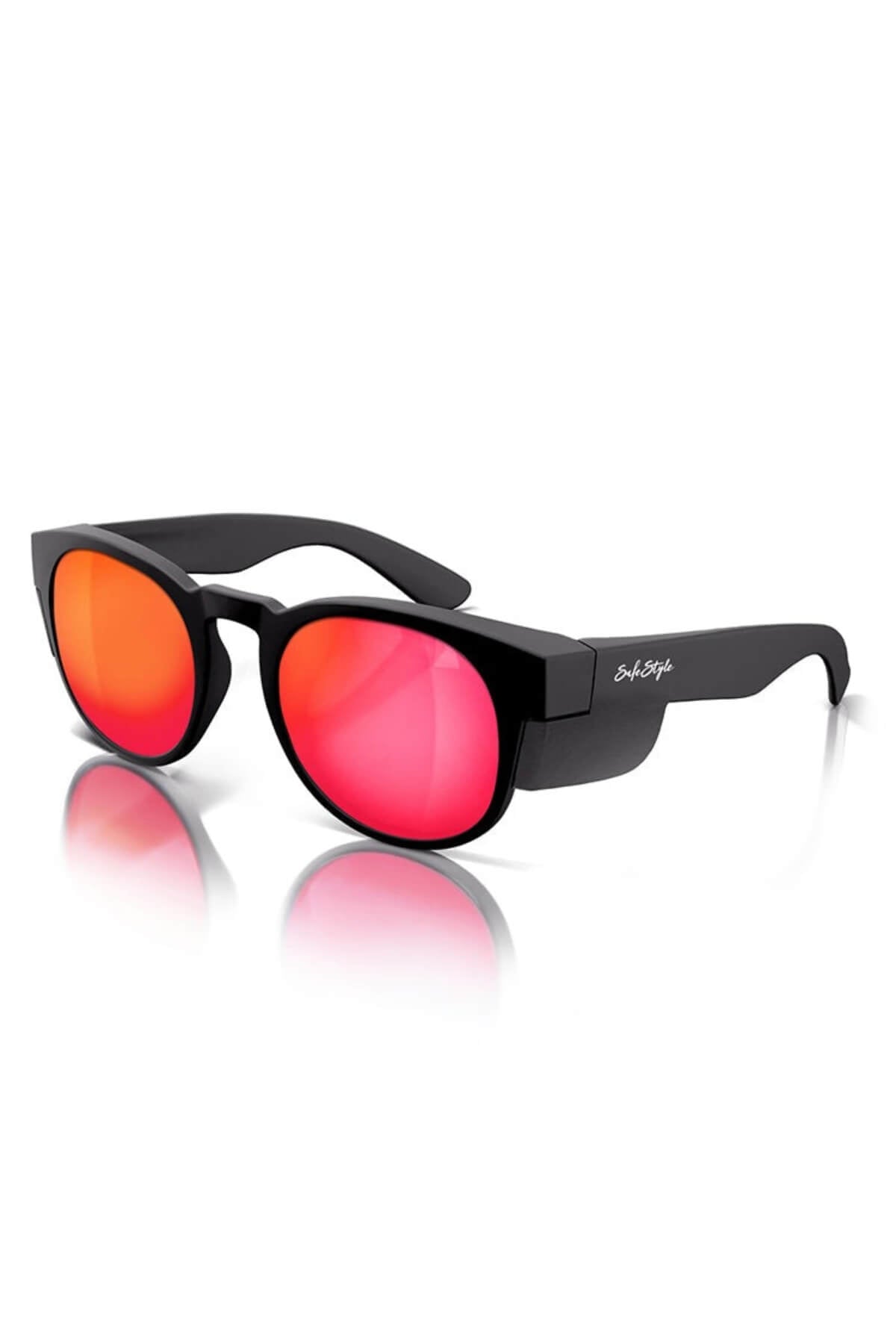 The SafeStyle Cruisers feature a matte black frame with mirror red polarized lenses for UV protection, stylishly displayed on a white surface.