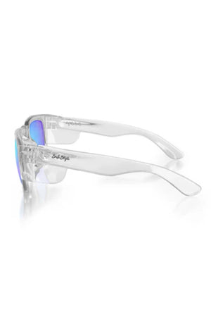 SafeStyle Fusions sunglasses feature a clear frame and mirrored blue polarised lenses, shown in side view against a white background. “SafeStyle” is printed on the arm, combining stylish looks with UV protection.