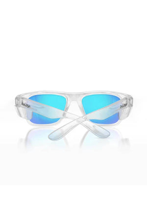 Front view of SafeStyle Fusions Clear Frame Mirror Blue Polarised Lens sunglasses, featuring crossed earpieces and blue mirrored polarised lenses. Enjoy enhanced UV protection and standout style.