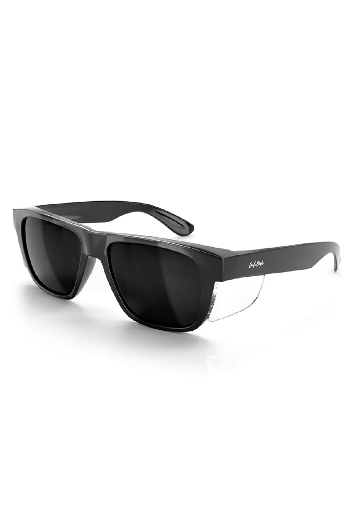 SafeStyle Fusions XL sunglasses feature black rectangular frames with a glossy finish, dark polarized lenses, and clear side shields for UV protection. They have a subtle temple logo and are angled slightly on a white background.