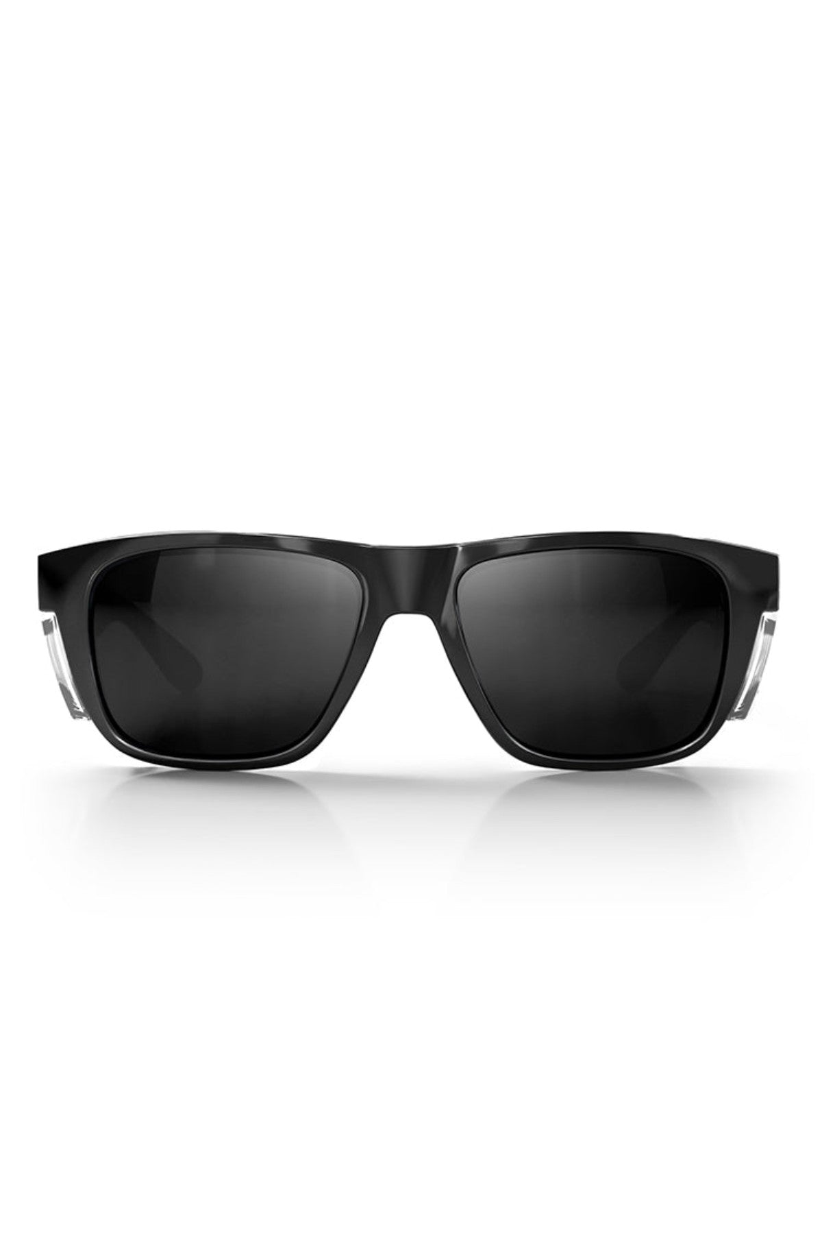 The SafeStyle Fusions XL sunglasses feature a sleek black frame and polarized lenses with UV protection, shown front-facing on a white background. The arms have transparent tips, and the sunglasses cast a faint shadow below.