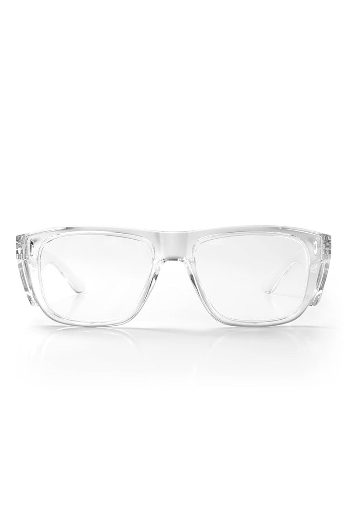 The SafeStyle Fusions XL Clear Frame Clear Lens eyeglasses feature shatterproof, thick frames with slightly rounded edges and offer UV protection. These chic XL safety glasses are stylishly displayed on a white surface.