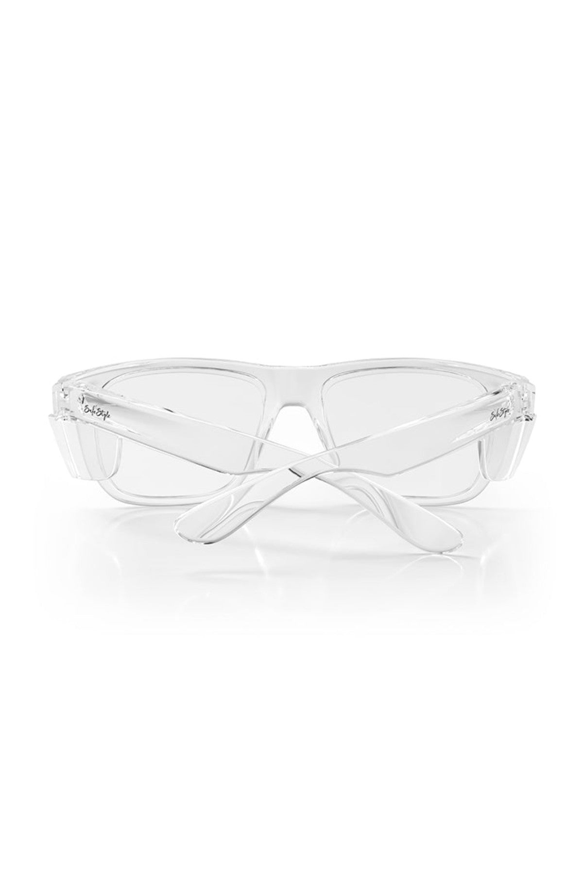 SafeStyle Fusions XL safety glasses offer a wrap-around design with shatterproof frames and slightly curved arms. These glasses feature rectangular clear lenses that provide UV protection, ensuring both safety and unimpeded vision.