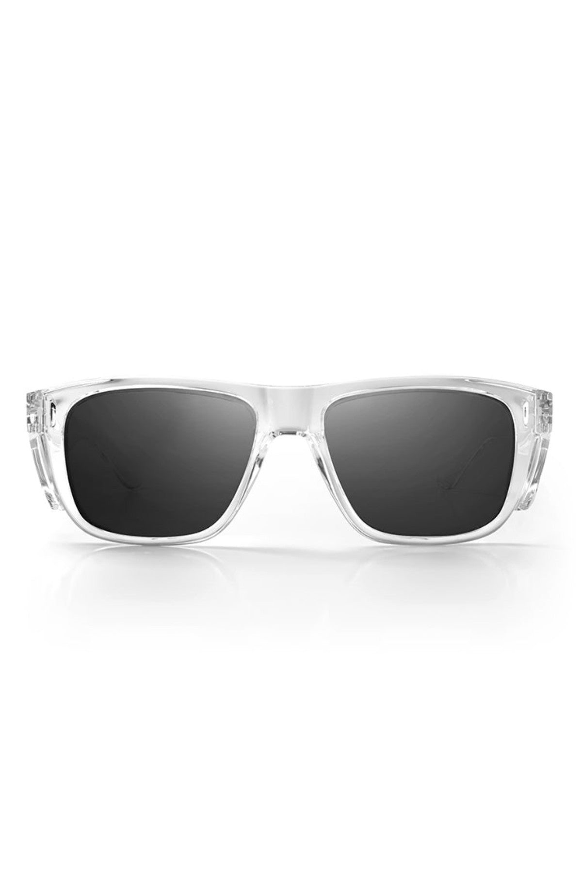 The SafeStyle Fusions XL features clear, translucent, shatterproof frames and dark rectangular polarised lenses with UV protection, shown from the front on a white background.