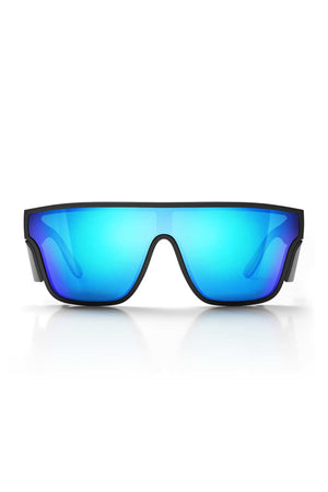 The SafeStyle Primes Matte Black Frame Reflectors Blue Lens sunglasses feature a single, continuous blue mirrored lens designed in a modern, sporty style. The slightly curved frames are crafted from recyclable polycarbonate for both comfort and durability, while the reflective lenses provide superior UV protection, ensuring a high-tech appearance.