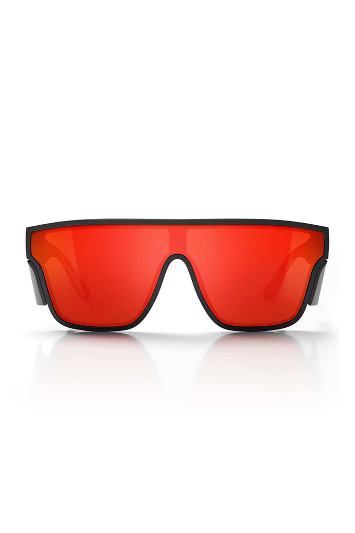 SafeStyle Primes Matte Black Frame Reflectors with wide, bright red mirrored lenses featuring UV protection, displayed facing forward on a white background with a slight reflection below.