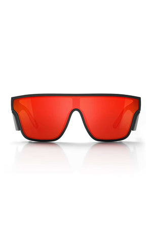 SafeStyle Primes Matte Black Frame Reflectors with wide, bright red mirrored lenses featuring UV protection, displayed facing forward on a white background with a slight reflection below.