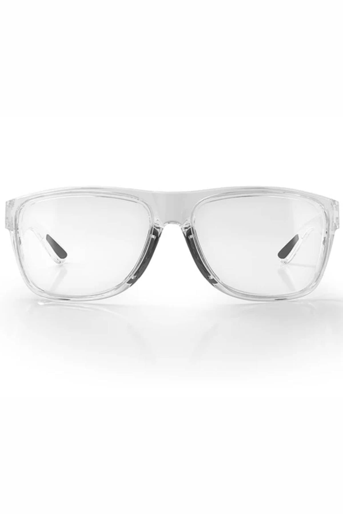 SafeStyle Rapids Clear Frame Clear Lens: front view on white background, featuring transparent, shatterproof frame and lenses for a secure, non-slip fit.