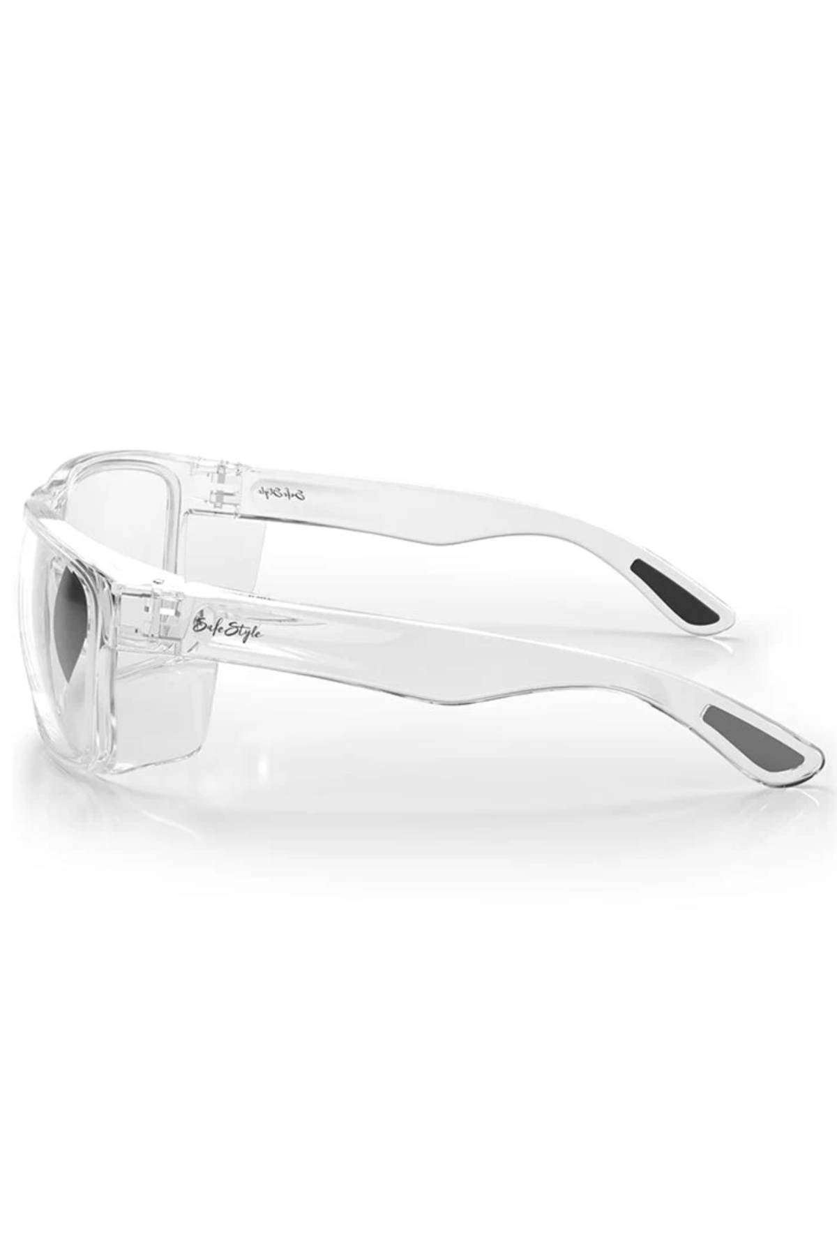 SafeStyle Rapids Clear Frame Clear Lens sunglasses with shatterproof frame and lenses, black grip pads on wide arms for a non-slip fit. Shown from the side on a white background.
