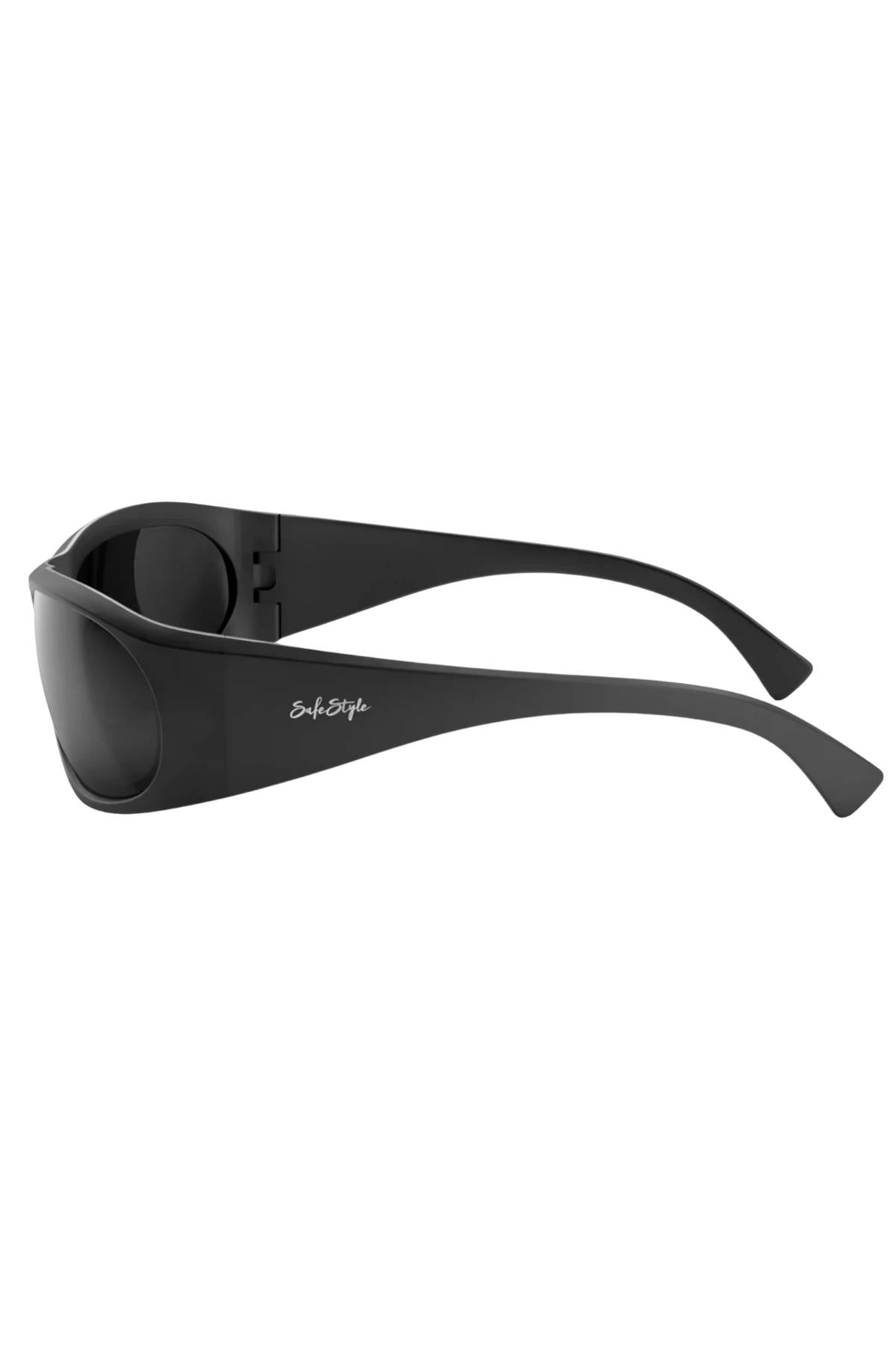 The SafeStyle Sonics Matte Black Frame Polarised Lens sunglasses feature wide arms, anti-scratch polarised dark lenses, and the "Safe Style" logo in white—offering stylish, comfortable protective eyewear with UV protection.